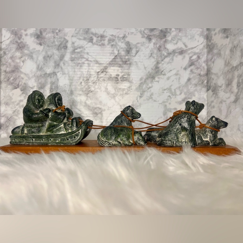 Vintage Wolf Original Sculpture of Inuit Eskimos in Sled with Pack of Dogs